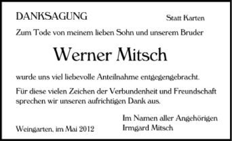  Traueranzeige für Werner Mitsch vom 10.05.2012 aus Schwäbische Zeitung