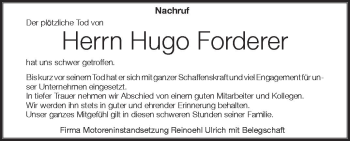 Anzeige von Hugo Forderer von Schwäbische Zeitung