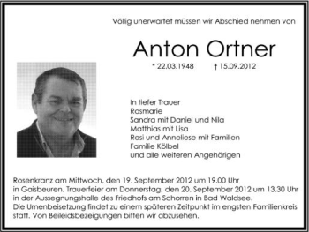 Anzeige von Anton Ortner von Schwäbische Zeitung