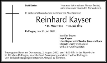 Anzeige von Reinhard Kayser von Schwäbische Zeitung