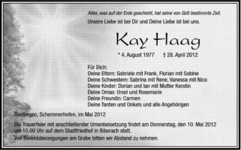 Anzeige von Kay Haag von Schwäbische Zeitung