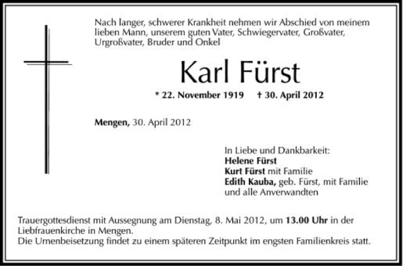  Traueranzeige für Karl Fürst vom 05.05.2012 aus Schwäbische Zeitung