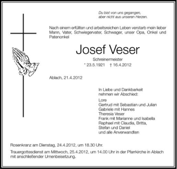 Anzeige von Josef Veser von Schwäbische Zeitung