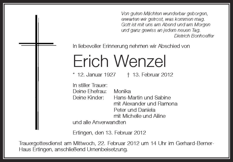  Traueranzeige für Erich Wenzel vom 20.02.2012 aus Schwäbische Zeitung