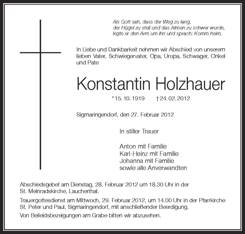  Traueranzeige für Konstantin Holzhauer vom 27.02.2012 aus Schwäbische Zeitung