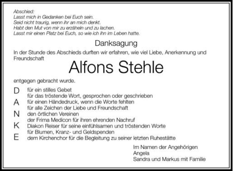  Traueranzeige für Alfons Stehle vom 14.07.2012 aus Schwäbische Zeitung