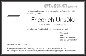 Anzeige von Friedrich Unsöld von Schwäbische Zeitung
