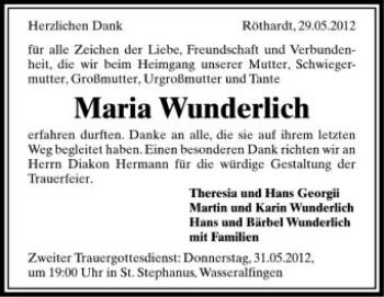 Anzeige von Maria Wunderlich von Schwäbische Zeitung
