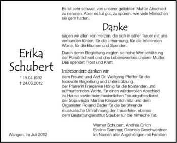 Anzeige von Erika Schubert von Schwäbische Zeitung