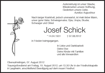 Anzeige von Josef Schick von Schwäbische Zeitung