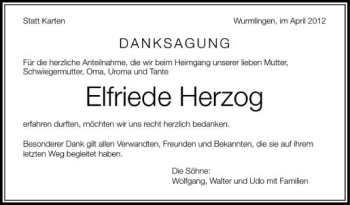 Anzeige von Elfriede Herzog von Schwäbische Zeitung