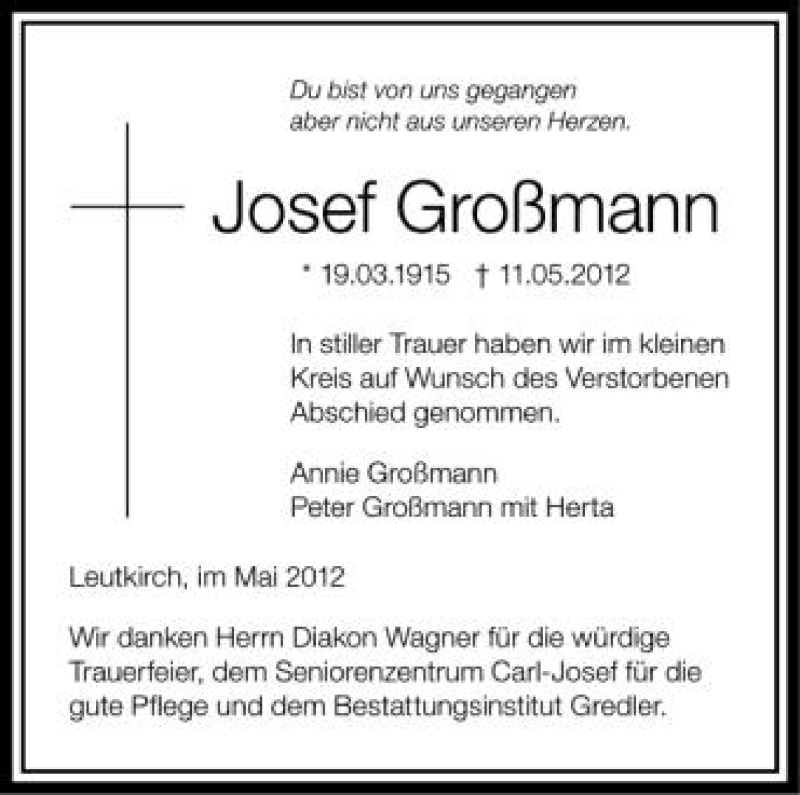  Traueranzeige für Josef Großmann vom 19.05.2012 aus Schwäbische Zeitung