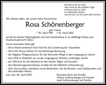 Anzeige von Rosa Schönenberger von Schwäbische Zeitung