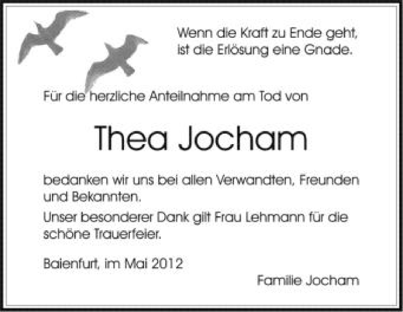  Traueranzeige für Thea Jocham vom 10.05.2012 aus Schwäbische Zeitung