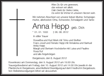 Anzeige von Anna Hepp von Schwäbische Zeitung