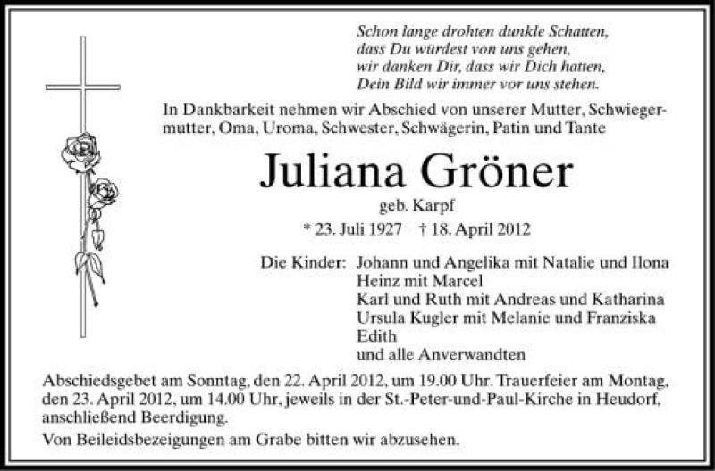  Traueranzeige für Juliana Gröner vom 21.04.2012 aus Schwäbische Zeitung