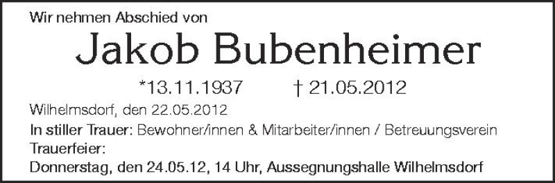  Traueranzeige für Jakob Budenheimer vom 23.05.2012 aus Schwäbische Zeitung