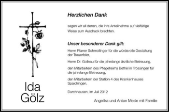 Anzeige von Ida Gölz von Schwäbische Zeitung