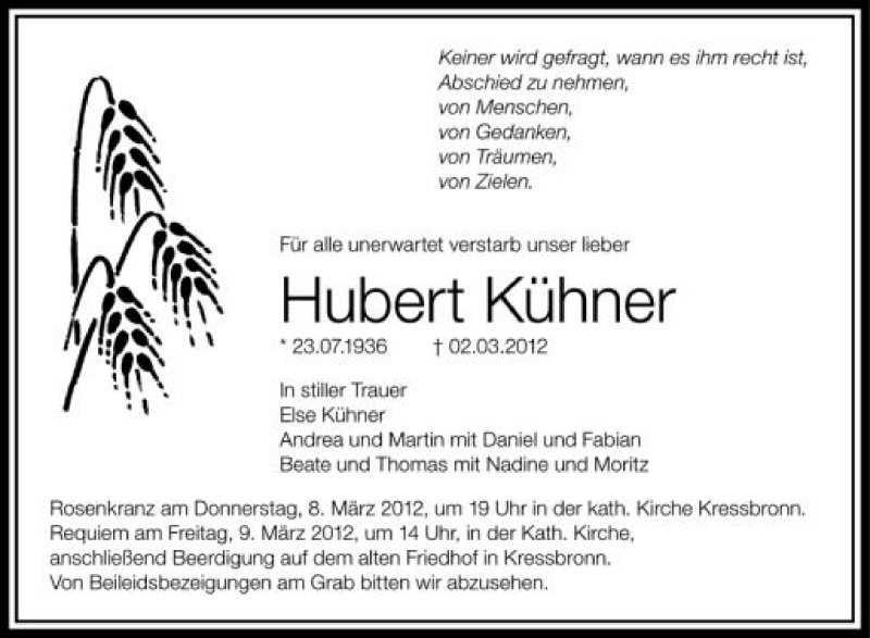  Traueranzeige für Hubert Kühner vom 06.03.2012 aus Schwäbische Zeitung