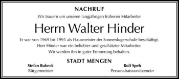 Anzeige von Walter Hinder von Schwäbische Zeitung