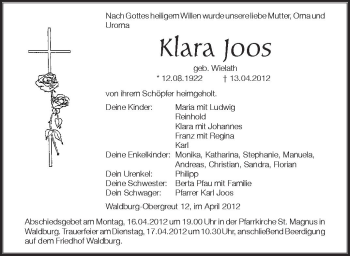 Anzeige von Klara Joos von Schwäbische Zeitung