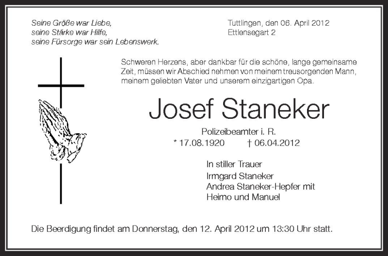  Traueranzeige für Josef Staneker vom 10.04.2012 aus Schwäbische Zeitung
