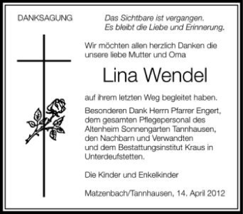 Anzeige von Lina Wendel von Schwäbische Zeitung