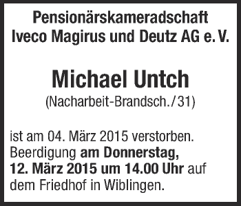 Anzeige von Michael Untch von Schwäbische Zeitung
