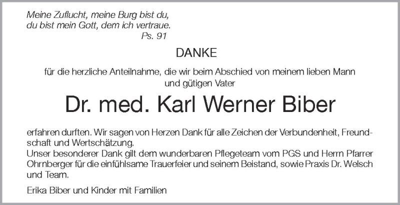  Traueranzeige für Karl Werner Biber vom 08.05.2012 aus Schwäbische Zeitung