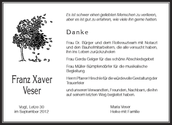 Anzeige von Franz Xaver Veser von Schwäbische Zeitung