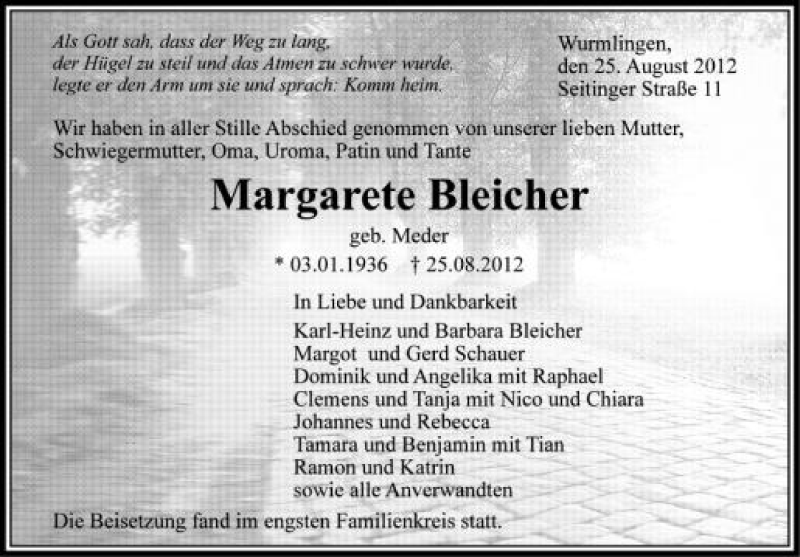  Traueranzeige für Margarete Bleicher vom 31.08.2012 aus Schwäbische Zeitung