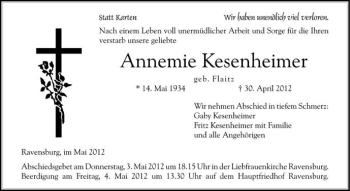 Anzeige von Annemie Kesenheimer von Schwäbische Zeitung