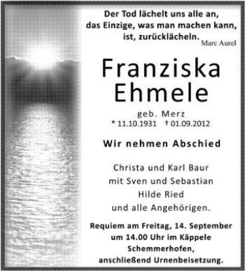 Anzeige von Franziska Ehmele von Schwäbische Zeitung