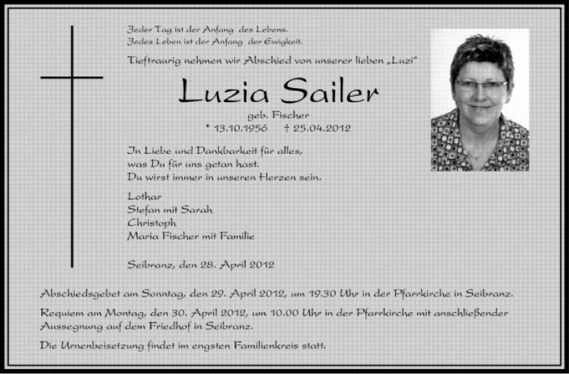  Traueranzeige für Luzia Sailer vom 28.04.2012 aus Schwäbische Zeitung