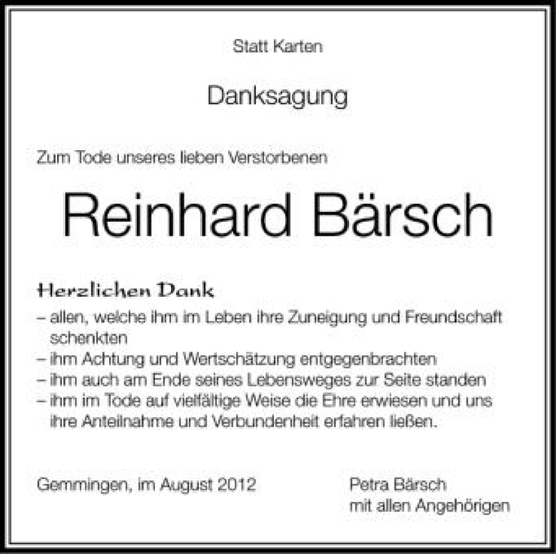  Traueranzeige für Reinhard Bärsch vom 14.08.2012 aus Schwäbische Zeitung
