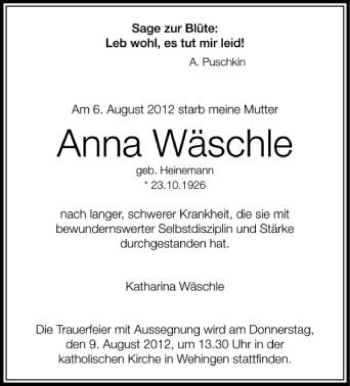 Anzeige von Anna Wäschle von Schwäbische Zeitung
