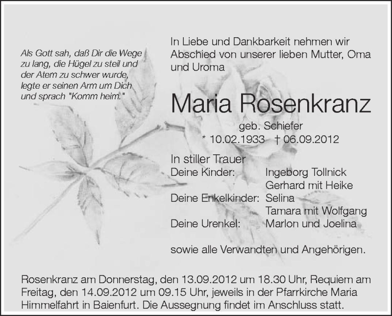  Traueranzeige für Maria Rosenkranz vom 11.09.2012 aus Schwäbische Zeitung