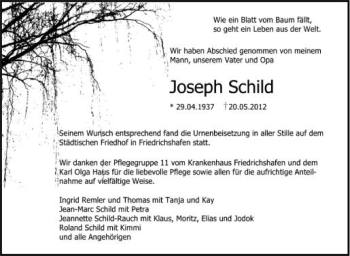 Anzeige von Joseph Schild von Schwäbische Zeitung