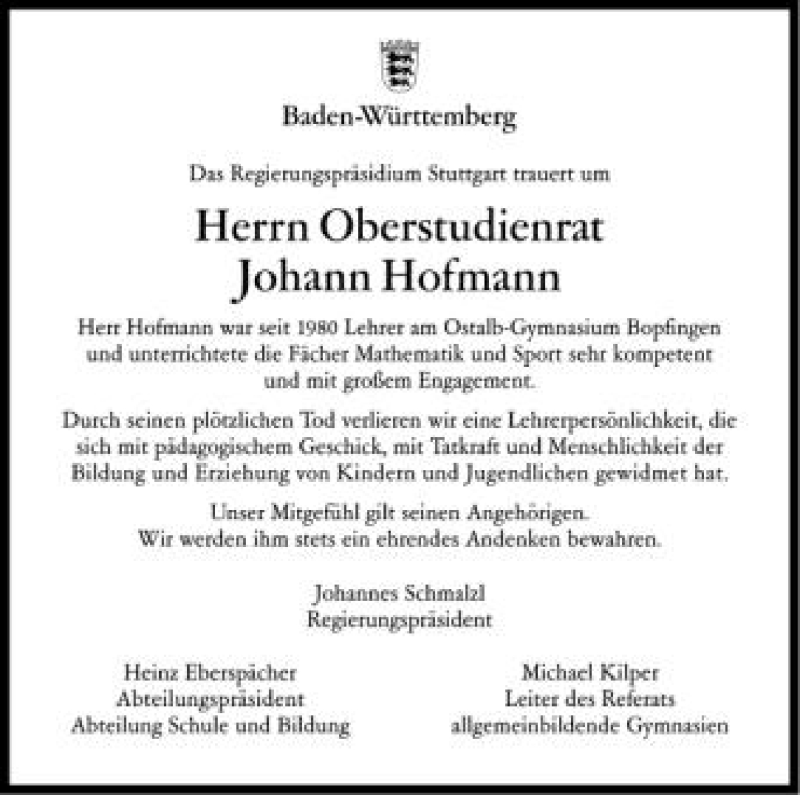  Traueranzeige für Johann Hofmann vom 06.06.2012 aus Schwäbische Zeitung