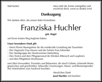 Anzeige von Franziska Huchler von Schwäbische Zeitung