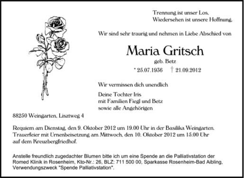  Traueranzeige für Maria Gritsch vom 06.10.2012 aus Schwäbische Zeitung