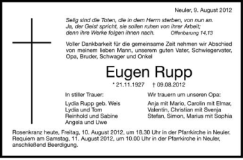 Anzeige von Eugen Rupp von Schwäbische Zeitung