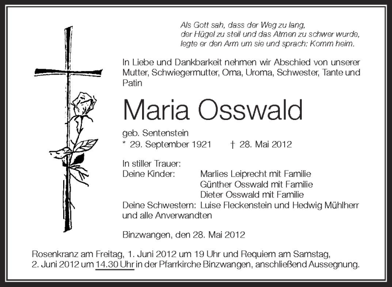  Traueranzeige für Maria Osswald vom 31.05.2012 aus Schwäbische Zeitung