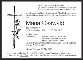 Anzeige von Maria Osswald von Schwäbische Zeitung