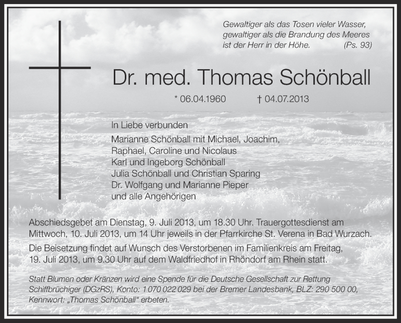  Traueranzeige für Thomas Schönball vom 08.07.2013 aus Schwäbische Zeitung