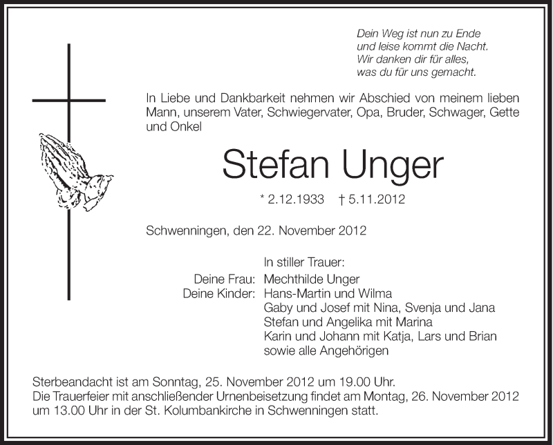  Traueranzeige für Stefan Unger vom 22.11.2012 aus Schwäbische Zeitung