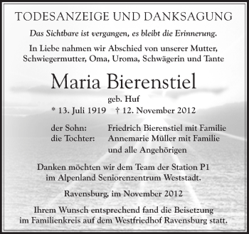 Anzeige von Maria Bierenstiel von Schwäbische Zeitung