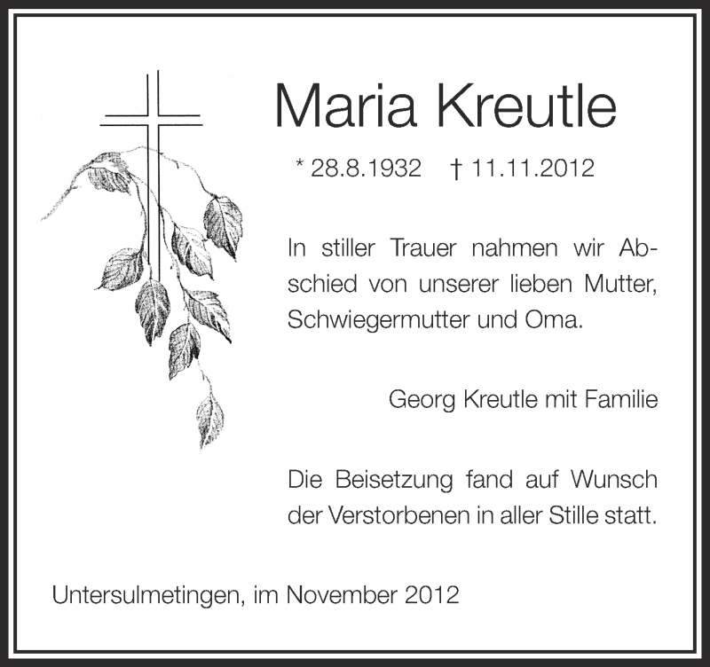  Traueranzeige für Maria Kreutle vom 23.11.2012 aus Schwäbische Zeitung