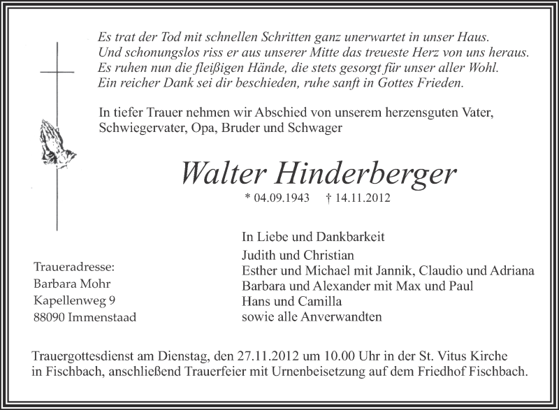  Traueranzeige für Walter Hinderberger vom 23.11.2012 aus Schwäbische Zeitung
