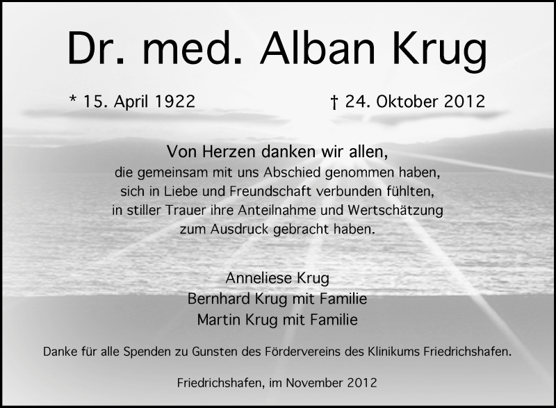  Traueranzeige für Alban Krug vom 16.11.2012 aus Schwäbische Zeitung